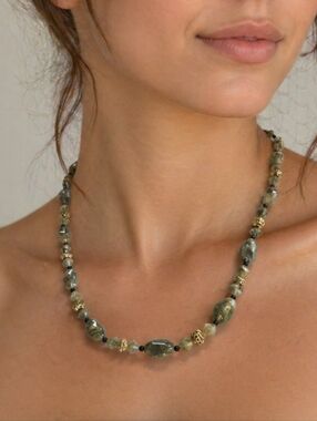 HANDCRAFTED Green Bead Necklace with Gold Accents